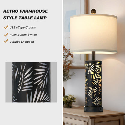 27'' Metal Table Lamp Pair – Black & Gold Palm Leaf Design, Linen Shade, USB/Type-C, Night Light (Set of 2)