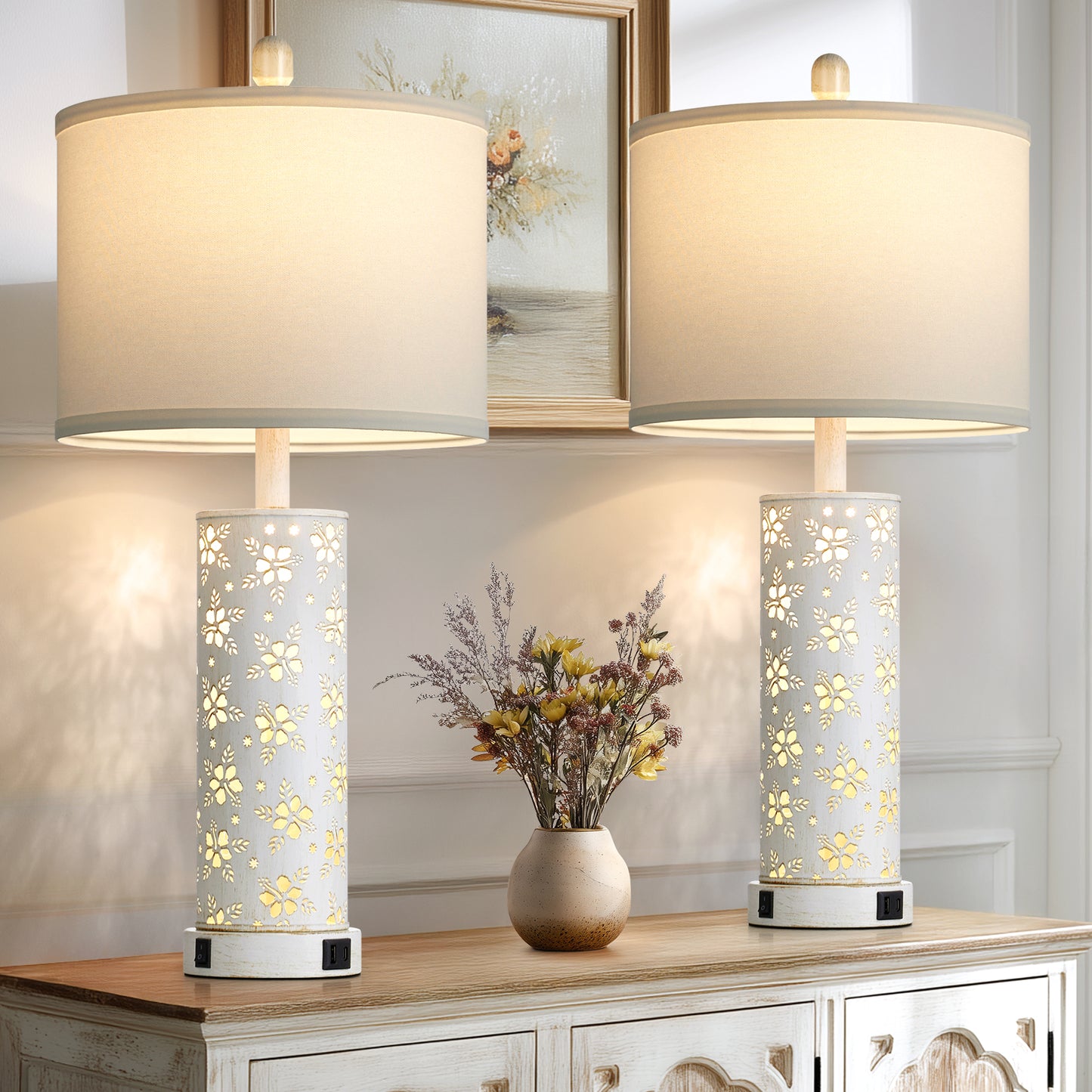27'' White Linen Shade Metal Table Lamp Pair with Floral Cutout Design, E26 Bulb, USB/Type-C Charging & Night Light(Set of 2)