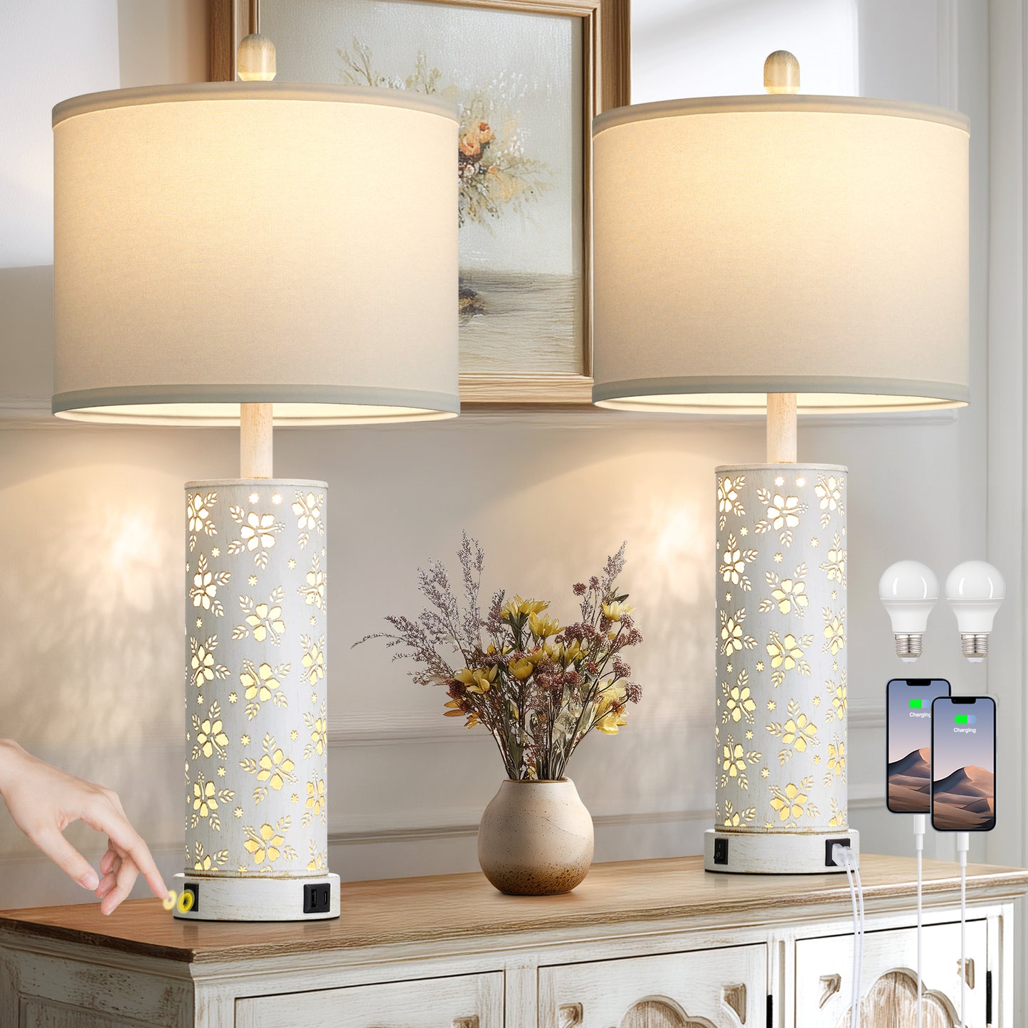 27'' White Linen Shade Metal Table Lamp Pair with Floral Cutout Design, E26 Bulb, USB/Type-C Charging & Night Light(Set of 2)