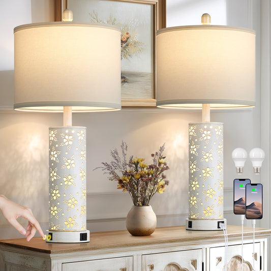 27'' White Linen Shade Metal Table Lamp Pair with Floral Cutout Design, E26 Bulb, USB/Type-C Charging & Night Light(Set of 2)