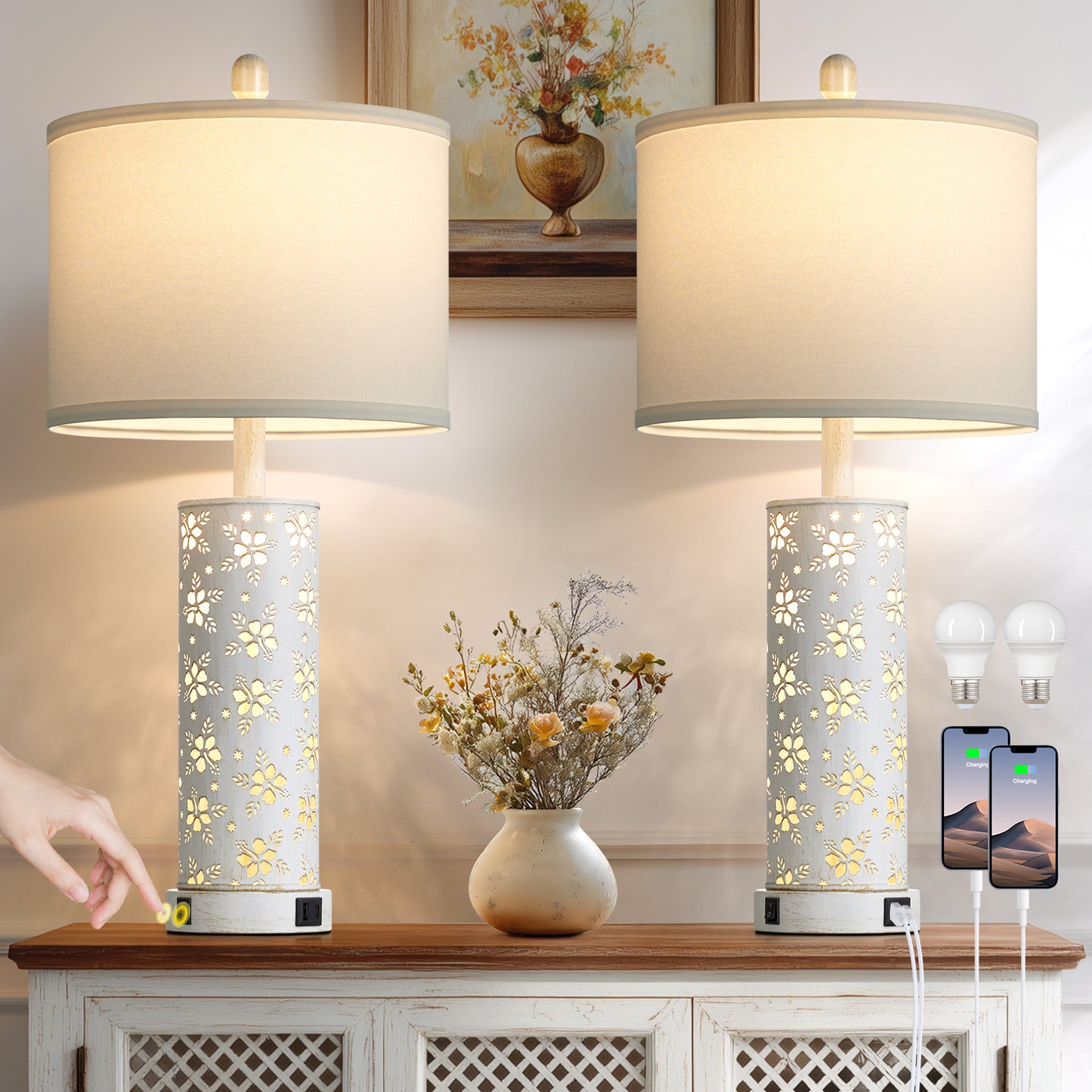 27'' White Linen Shade Metal Table Lamp Pair with Floral Cutout Design, E26 Bulb, USB/Type-C Charging & Night Light(Set of 2)