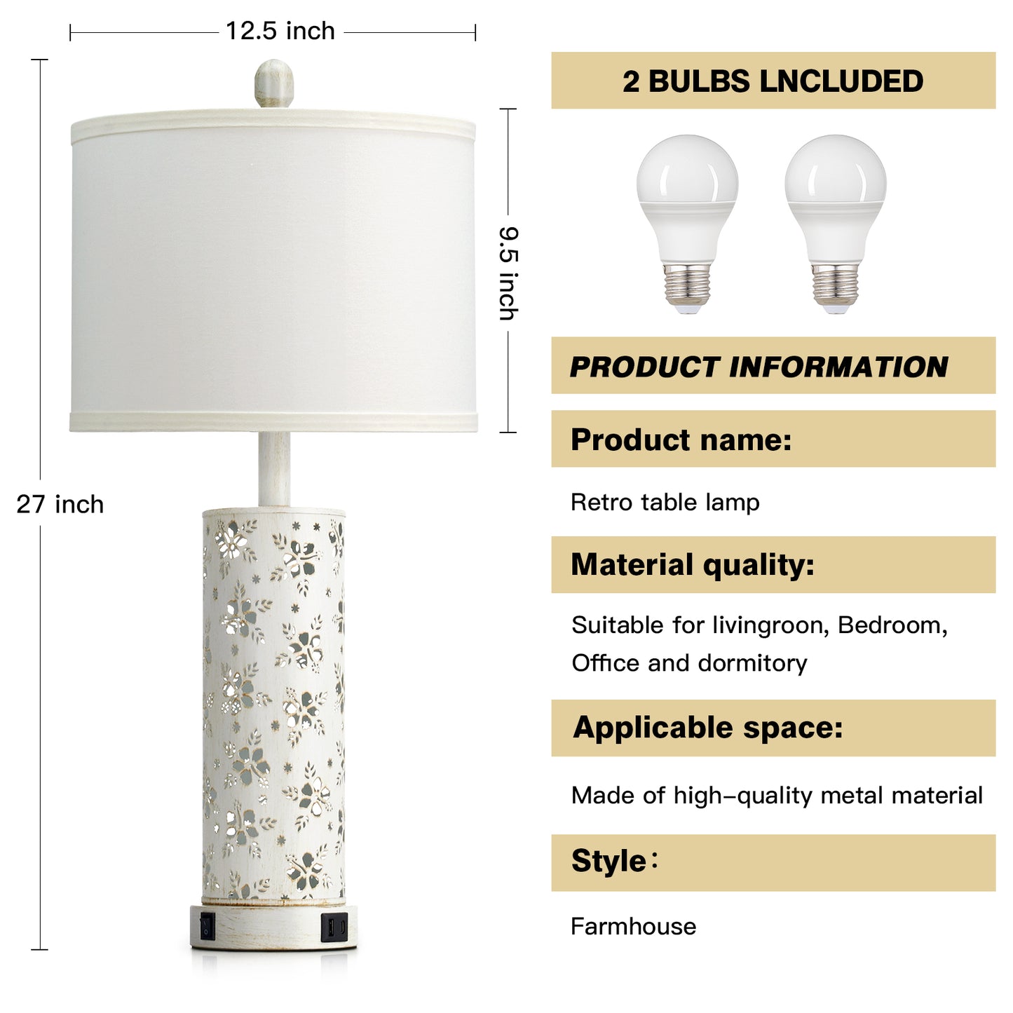 27'' White Linen Shade Metal Table Lamp Pair with Floral Cutout Design, E26 Bulb, USB/Type-C Charging & Night Light(Set of 2)