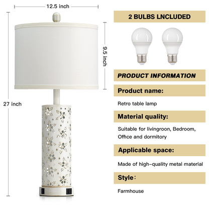 27'' White Linen Shade Metal Table Lamp Pair with Floral Cutout Design, E26 Bulb, USB/Type-C Charging & Night Light(Set of 2)