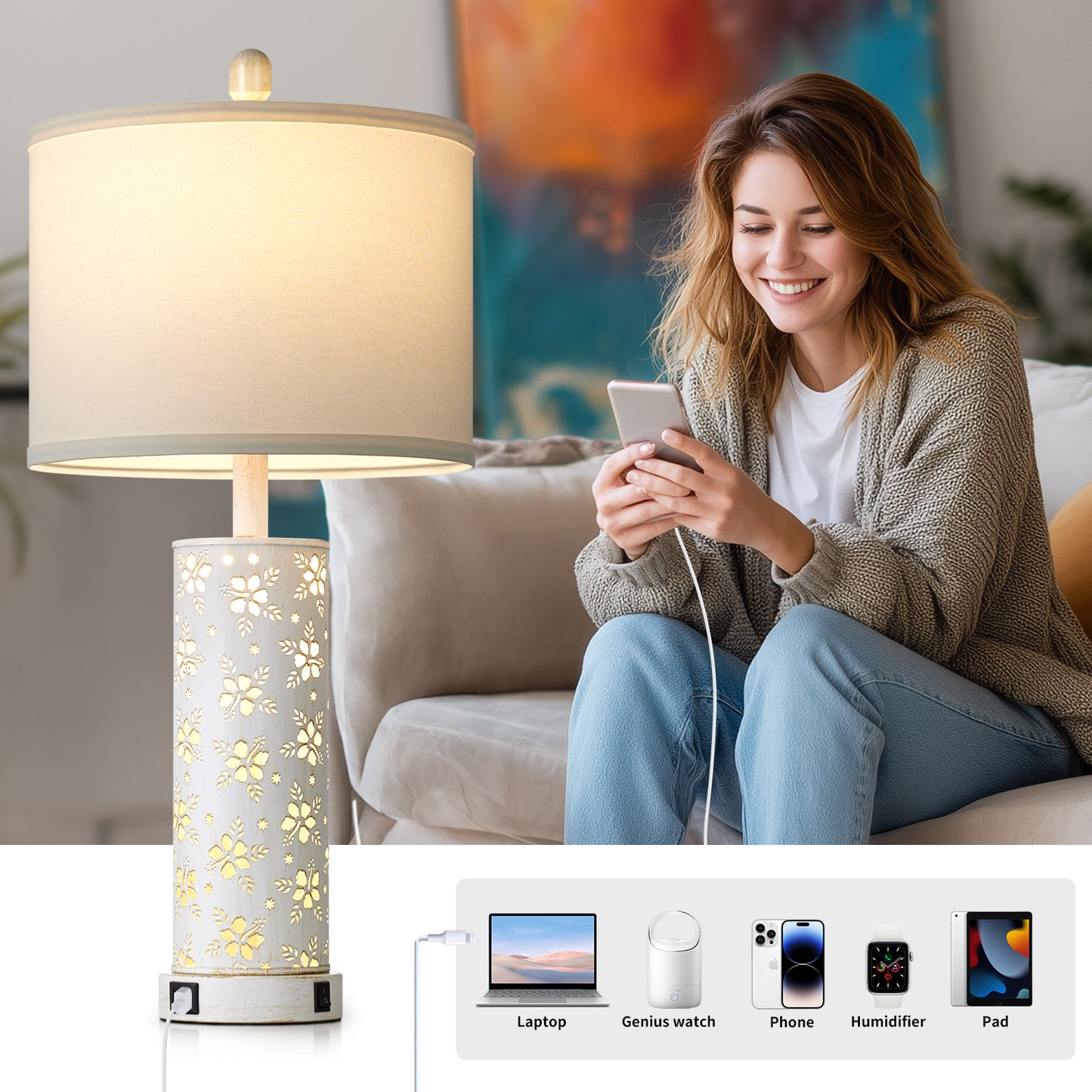 27'' White Linen Shade Metal Table Lamp Pair with Floral Cutout Design, E26 Bulb, USB/Type-C Charging & Night Light(Set of 2)