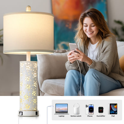 27'' White Linen Shade Metal Table Lamp Pair with Floral Cutout Design, E26 Bulb, USB/Type-C Charging & Night Light(Set of 2)