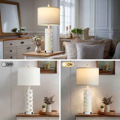 27'' White Linen Shade Metal Table Lamp Pair with Floral Cutout Design, E26 Bulb, USB/Type-C Charging & Night Light(Set of 2)