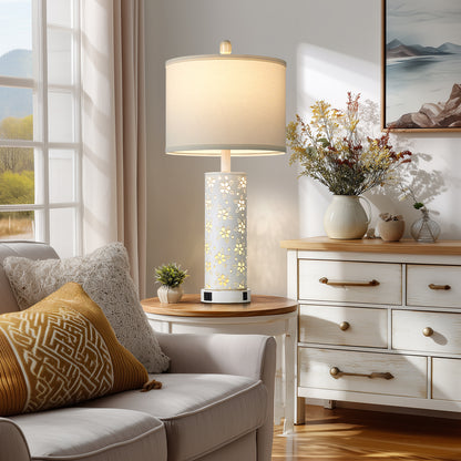 27'' White Linen Shade Metal Table Lamp Pair with Floral Cutout Design, E26 Bulb, USB/Type-C Charging & Night Light(Set of 2)