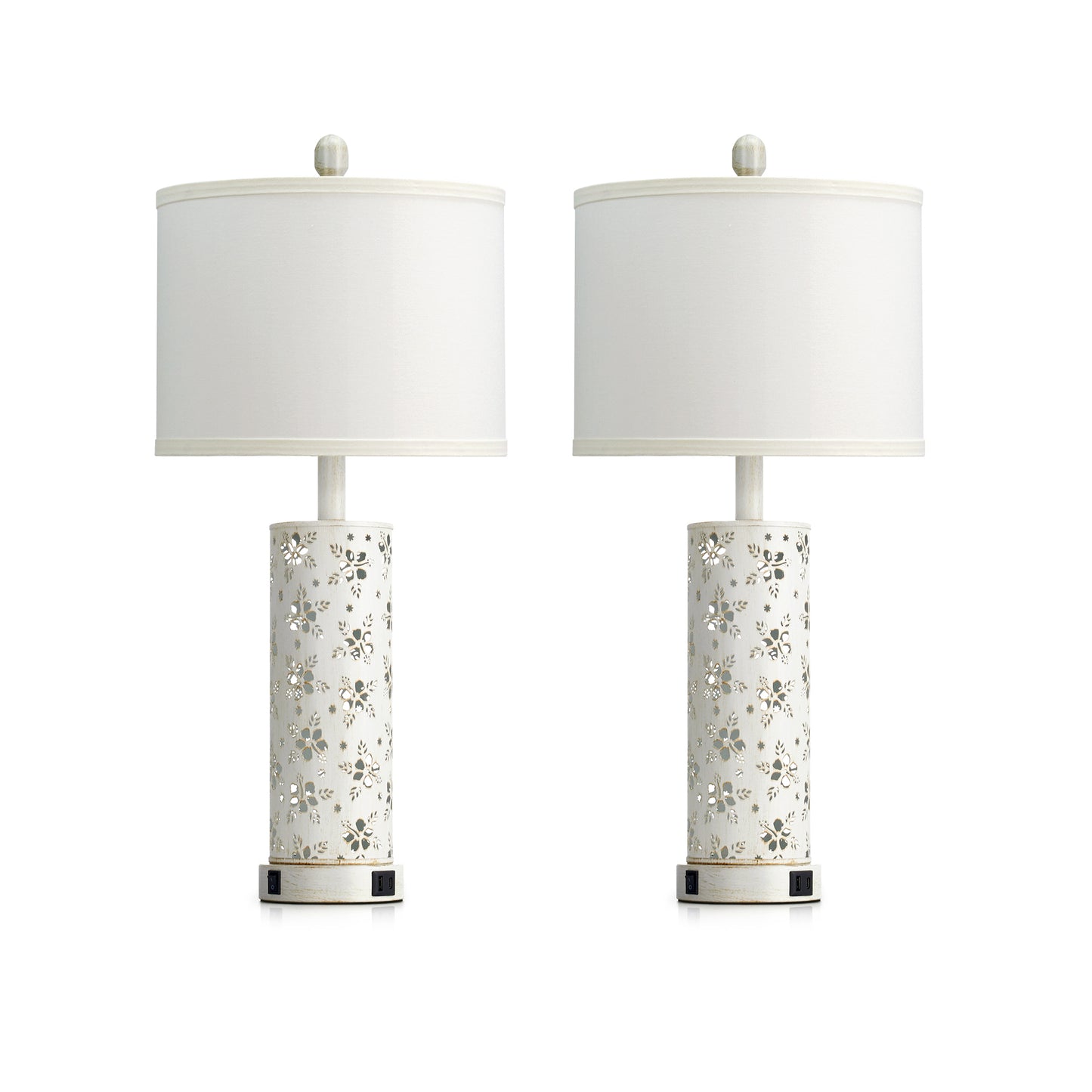 27'' White Linen Shade Metal Table Lamp Pair with Floral Cutout Design, E26 Bulb, USB/Type-C Charging & Night Light(Set of 2)