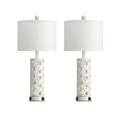 27'' White Linen Shade Metal Table Lamp Pair with Floral Cutout Design, E26 Bulb, USB/Type-C Charging & Night Light(Set of 2)