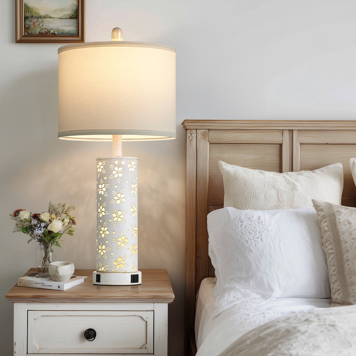 27'' White Linen Shade Metal Table Lamp Pair with Floral Cutout Design, E26 Bulb, USB/Type-C Charging & Night Light(Set of 2)