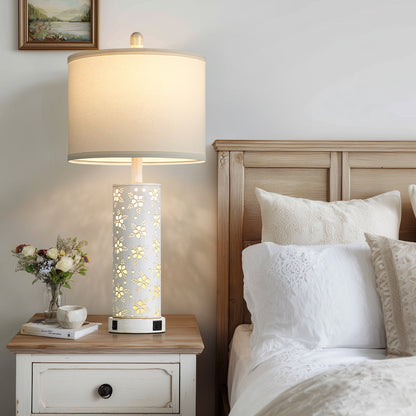 27'' White Linen Shade Metal Table Lamp Pair with Floral Cutout Design, E26 Bulb, USB/Type-C Charging & Night Light(Set of 2)