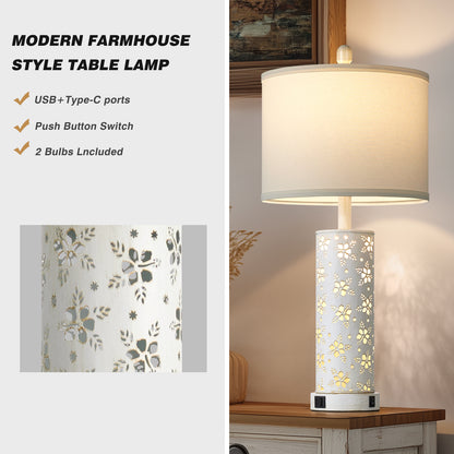 27'' White Linen Shade Metal Table Lamp Pair with Floral Cutout Design, E26 Bulb, USB/Type-C Charging & Night Light(Set of 2)