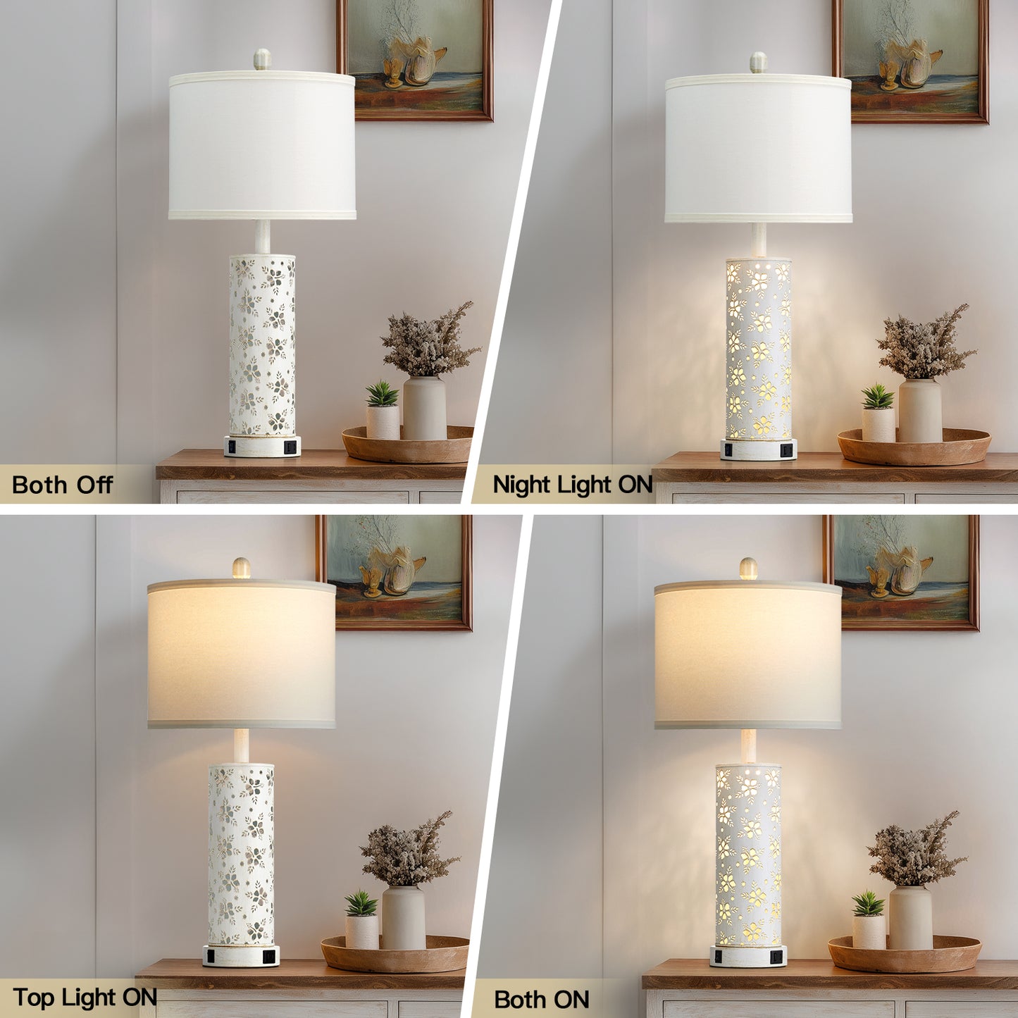 27'' White Linen Shade Metal Table Lamp Pair with Floral Cutout Design, E26 Bulb, USB/Type-C Charging & Night Light(Set of 2)