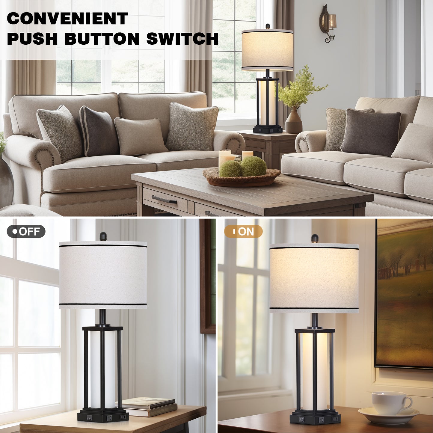 Modern Table Lamps with USB-C & AC Outlets, Night Light, and Charging Station(Set of 2)