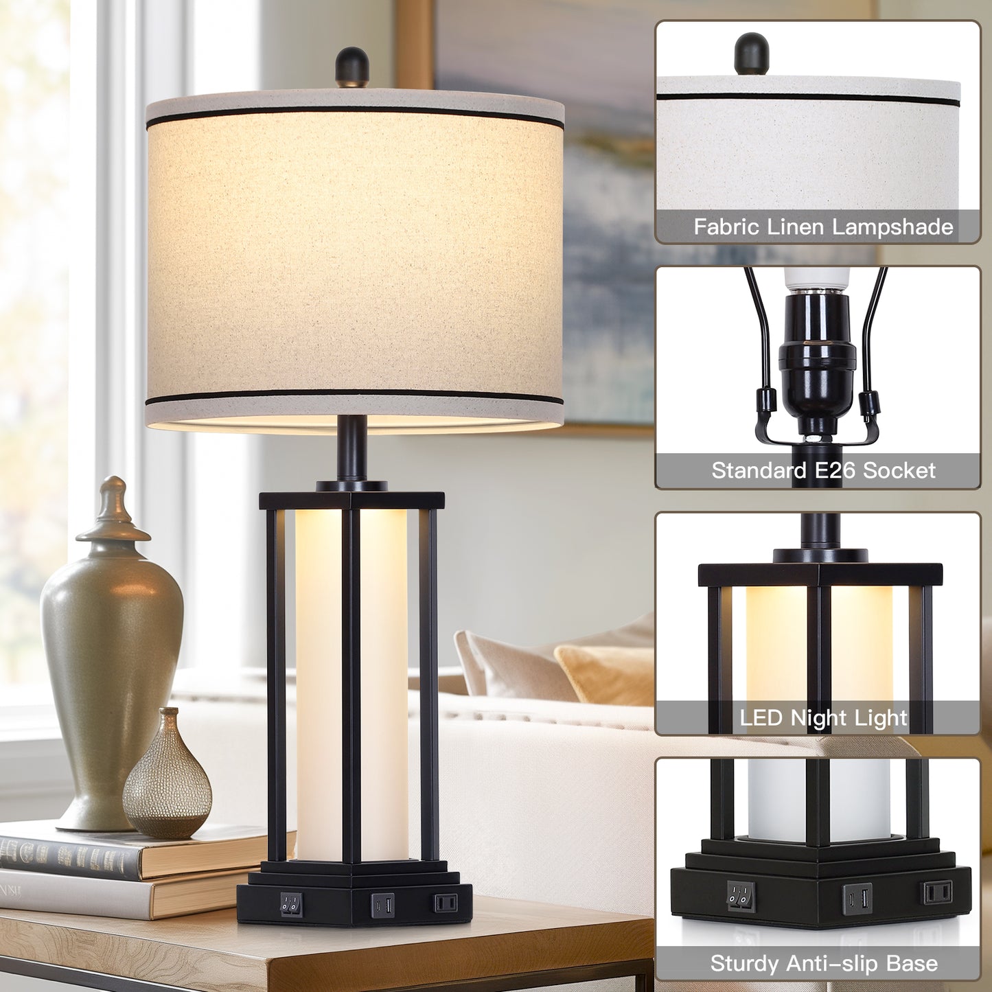 Modern Table Lamps with USB-C & AC Outlets, Night Light, and Charging Station(Set of 2)