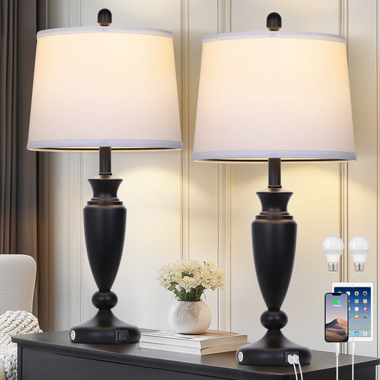 27” Black Table Lamp with USB + Type-C Charging, Dimmable LED Bulb, Linen Shade, 3-Way Touch Control(Set of 2)