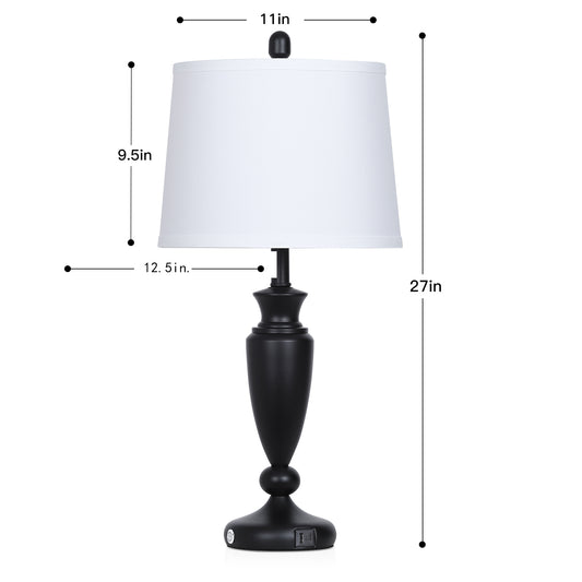 27” Black Table Lamp with USB + Type-C Charging, Dimmable LED Bulb, Linen Shade, 3-Way Touch Control(Set of 2)
