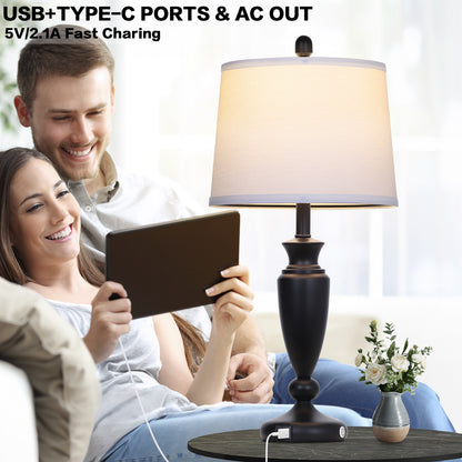 27” Black Table Lamp with USB + Type-C Charging, Dimmable LED Bulb, Linen Shade, 3-Way Touch Control(Set of 2)