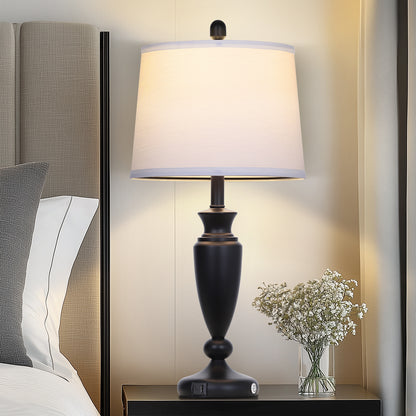 27” Black Table Lamp with USB + Type-C Charging, Dimmable LED Bulb, Linen Shade, 3-Way Touch Control(Set of 2)