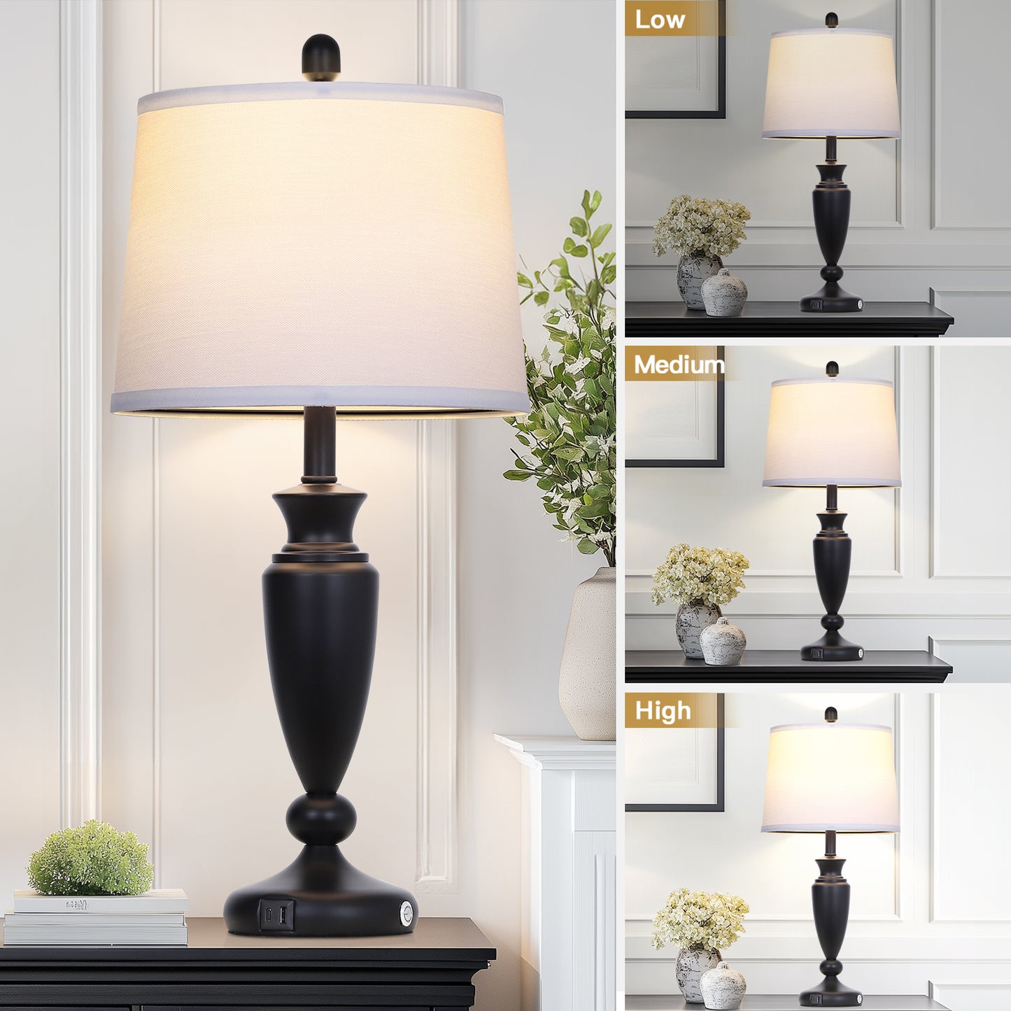 27” Black Table Lamp with USB + Type-C Charging, Dimmable LED Bulb, Linen Shade, 3-Way Touch Control(Set of 2)