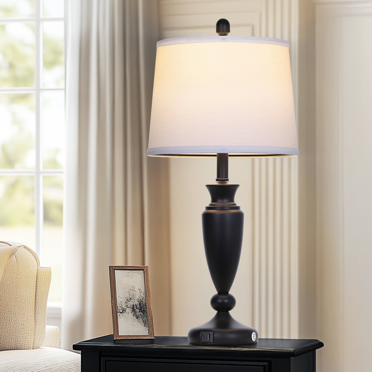 27” Black Table Lamp with USB + Type-C Charging, Dimmable LED Bulb, Linen Shade, 3-Way Touch Control(Set of 2)