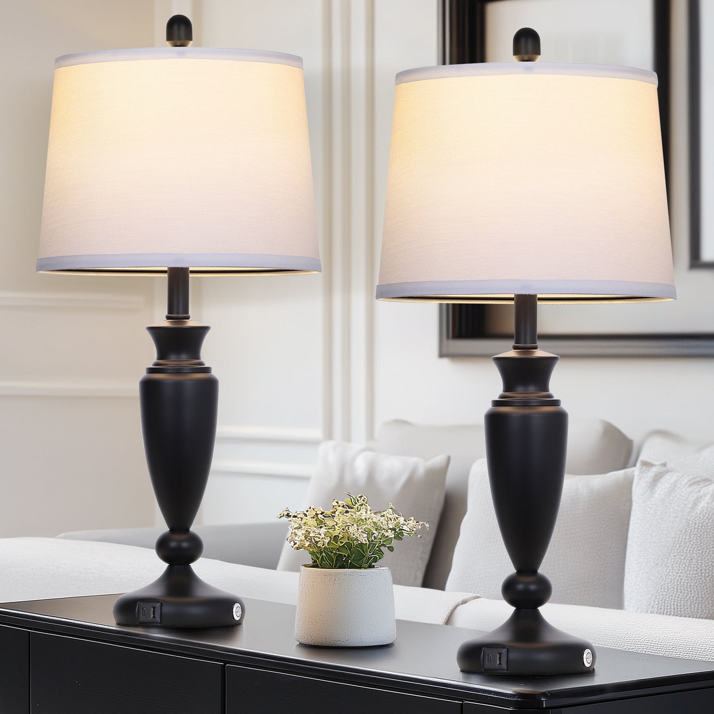 27” Black Table Lamp with USB + Type-C Charging, Dimmable LED Bulb, Linen Shade, 3-Way Touch Control(Set of 2)