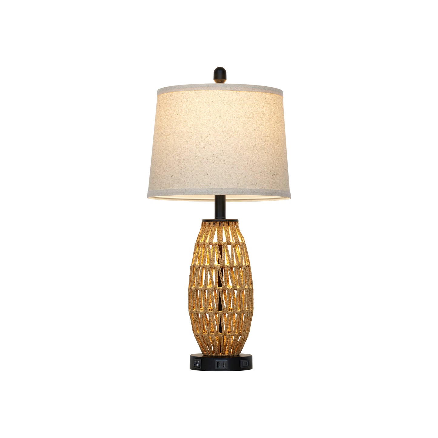 27” Woven Rattan Table Lamp with USB & Type-C Charging, Dual Switches (Main + Night Light), Oatmeal Linen Shade, Includes 9W LED (3000K) & 2W Night Light (2700K)