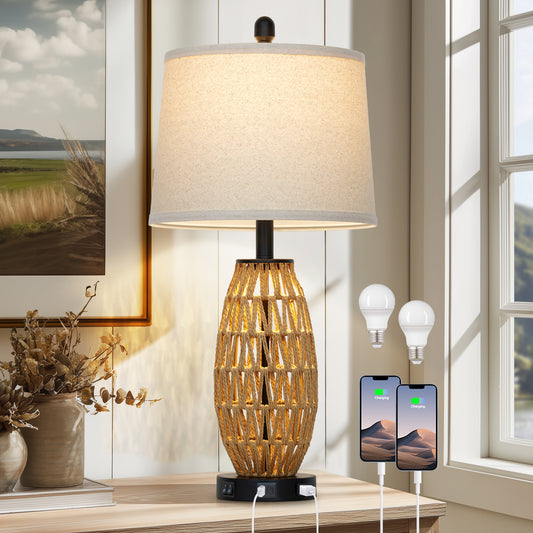27” Woven Rattan Table Lamp with USB & Type-C Charging, Dual Switches (Main + Night Light), Oatmeal Linen Shade, Includes 9W LED (3000K) & 2W Night Light (2700K)
