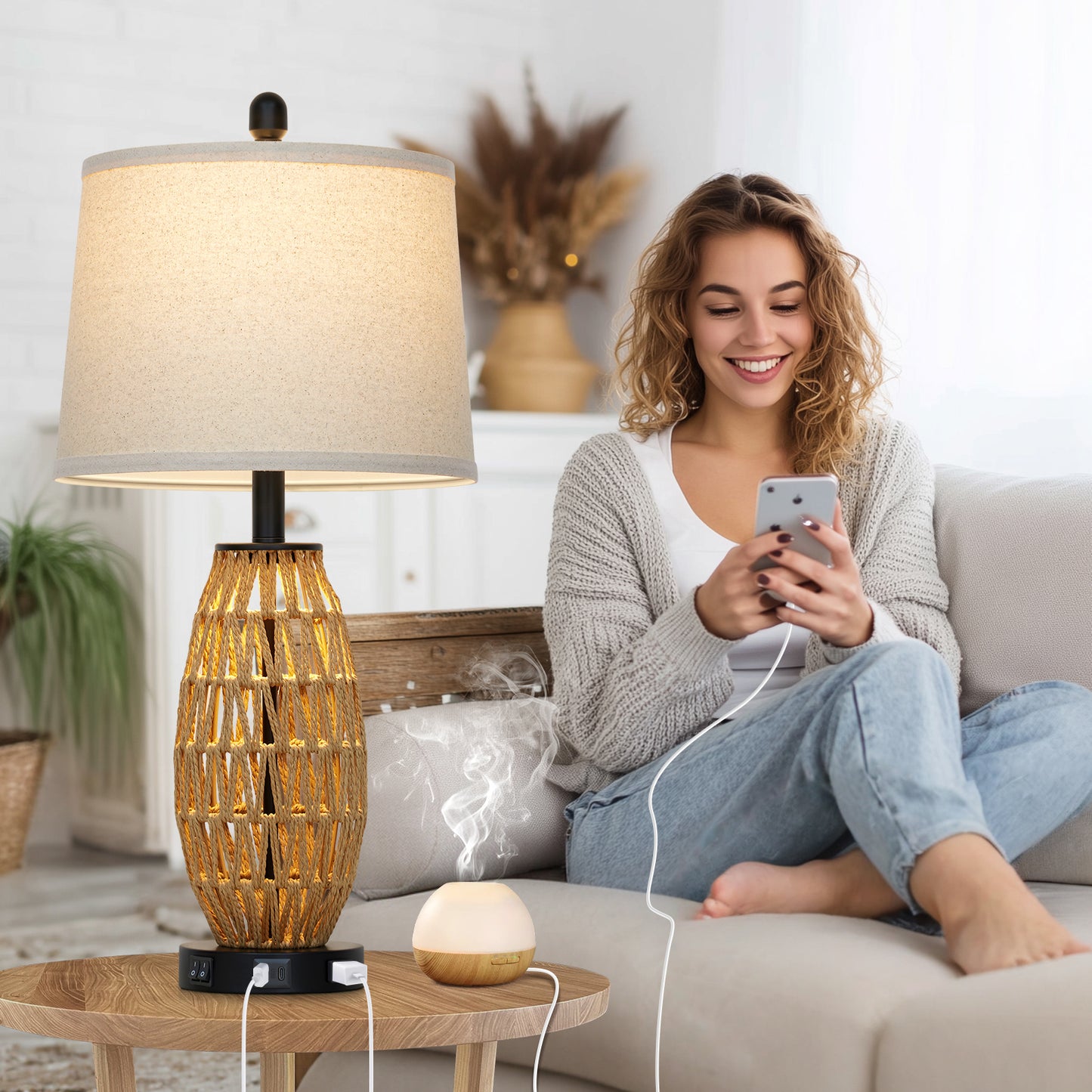 27” Woven Rattan Table Lamp with USB & Type-C Charging, Dual Switches (Main + Night Light), Oatmeal Linen Shade, Includes 9W LED (3000K) & 2W Night Light (2700K)