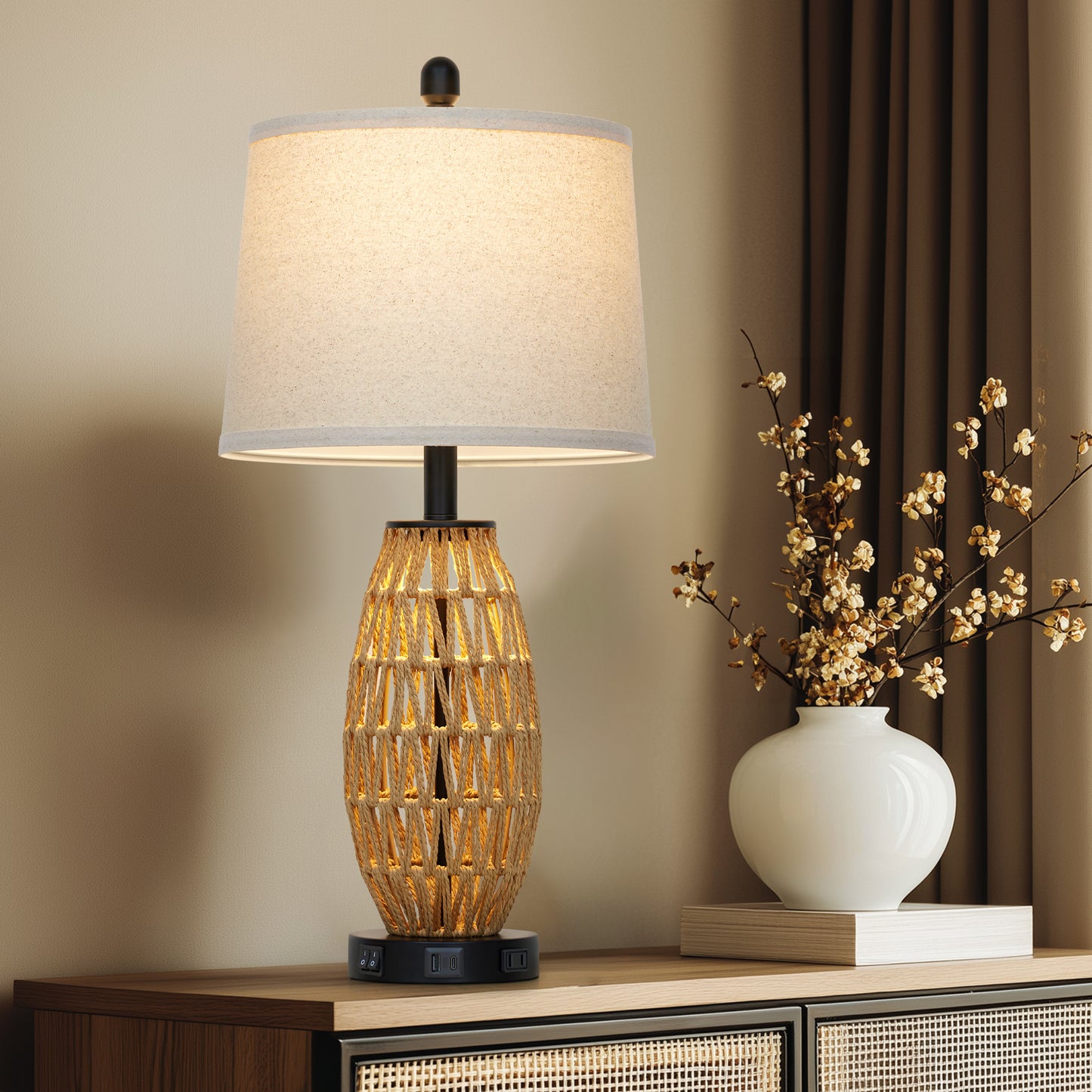 27” Woven Rattan Table Lamp with USB & Type-C Charging, Dual Switches (Main + Night Light), Oatmeal Linen Shade, Includes 9W LED (3000K) & 2W Night Light (2700K)