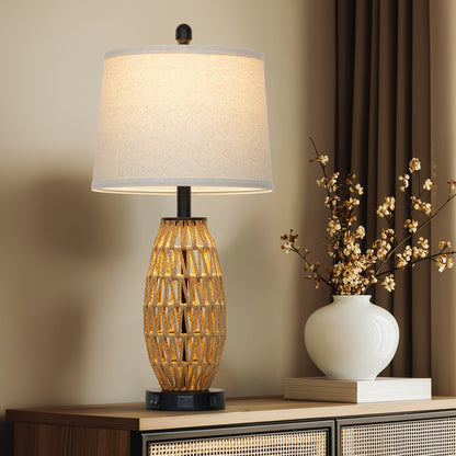 27” Woven Rattan Table Lamp with USB & Type-C Charging, Dual Switches (Main + Night Light), Oatmeal Linen Shade, Includes 9W LED (3000K) & 2W Night Light (2700K)