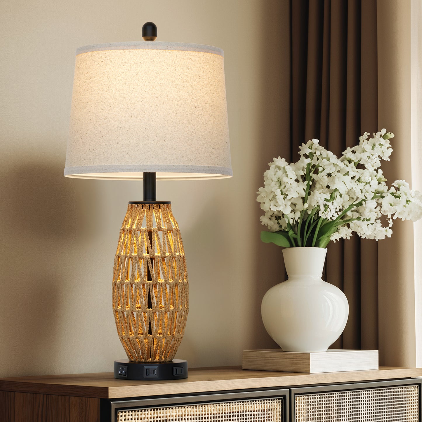27” Woven Rattan Table Lamp with USB & Type-C Charging, Dual Switches (Main + Night Light), Oatmeal Linen Shade, Includes 9W LED (3000K) & 2W Night Light (2700K)