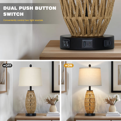 27” Woven Rattan Table Lamp with USB & Type-C Charging, Dual Switches (Main + Night Light), Oatmeal Linen Shade, Includes 9W LED (3000K) & 2W Night Light (2700K)