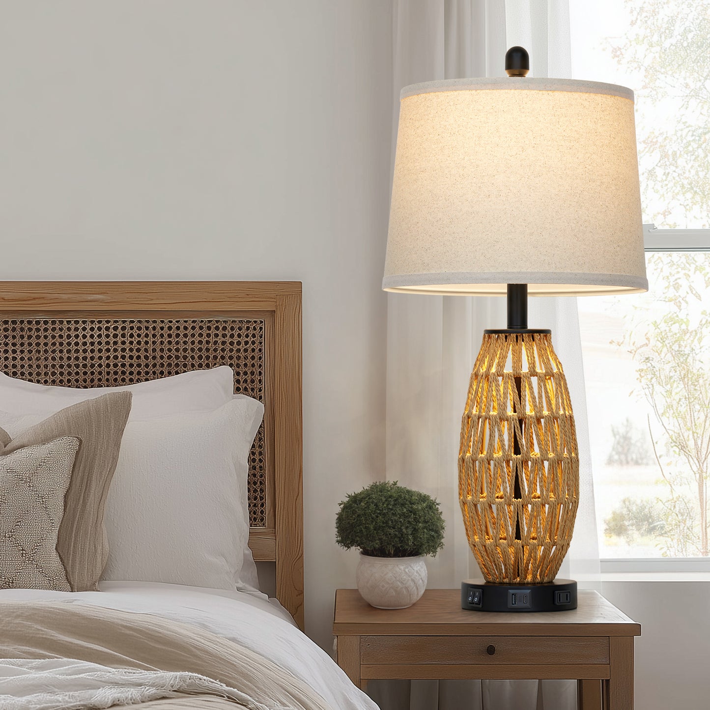 27” Woven Rattan Table Lamp with USB & Type-C Charging, Dual Switches (Main + Night Light), Oatmeal Linen Shade, Includes 9W LED (3000K) & 2W Night Light (2700K)