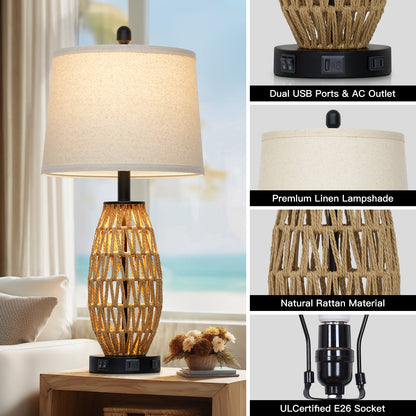 27” Woven Rattan Table Lamp with USB & Type-C Charging, Dual Switches (Main + Night Light), Oatmeal Linen Shade, Includes 9W LED (3000K) & 2W Night Light (2700K)