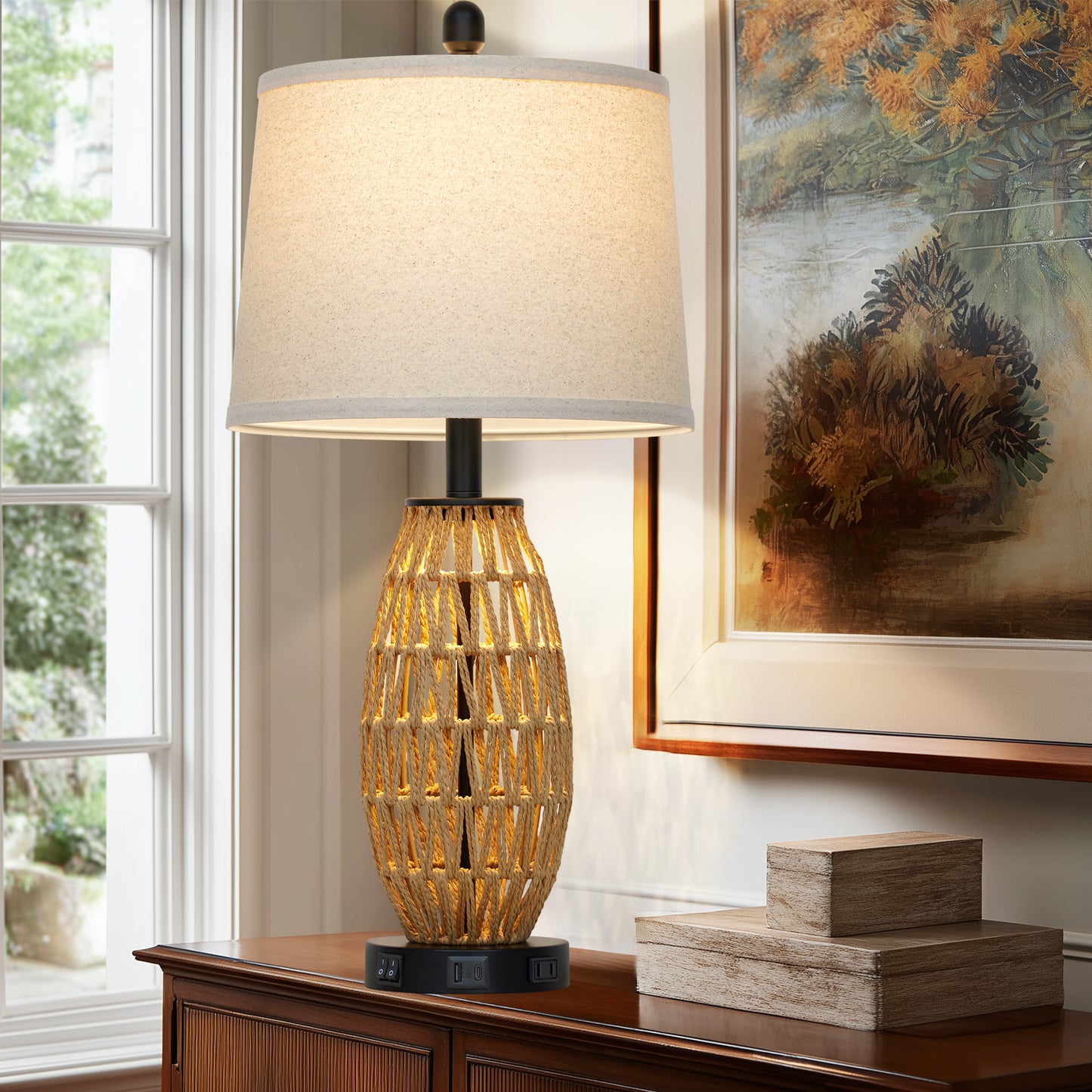 27” Woven Rattan Table Lamp with USB & Type-C Charging, Dual Switches (Main + Night Light), Oatmeal Linen Shade, Includes 9W LED (3000K) & 2W Night Light (2700K)