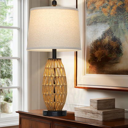 27” Woven Rattan Table Lamp with USB & Type-C Charging, Dual Switches (Main + Night Light), Oatmeal Linen Shade, Includes 9W LED (3000K) & 2W Night Light (2700K)