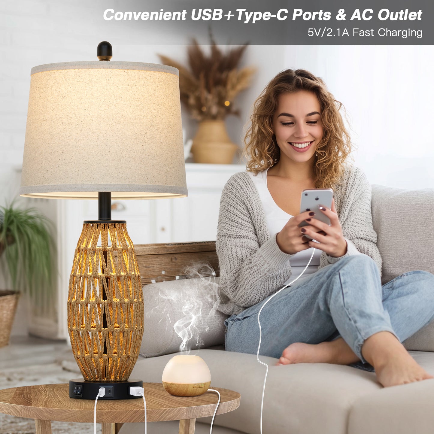 Modern Rustic Table Lamps with Woven Base, Dual Lighting, USB-C Fast Charging and AC Outlet(Set of 2)
