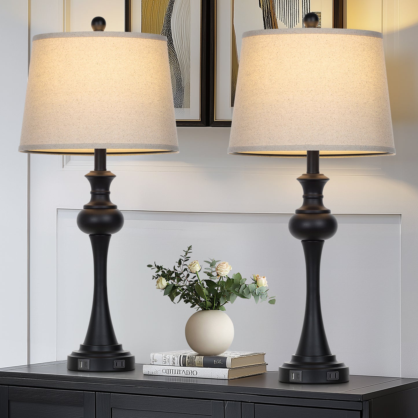 28.75" Modern Table Lamp Oatmeal Linen Shade, E26 Socket, USB-C, 3-Way Touch Switch, 120V 9W 3000K LED Dimmable Bulb(Set of 2)
