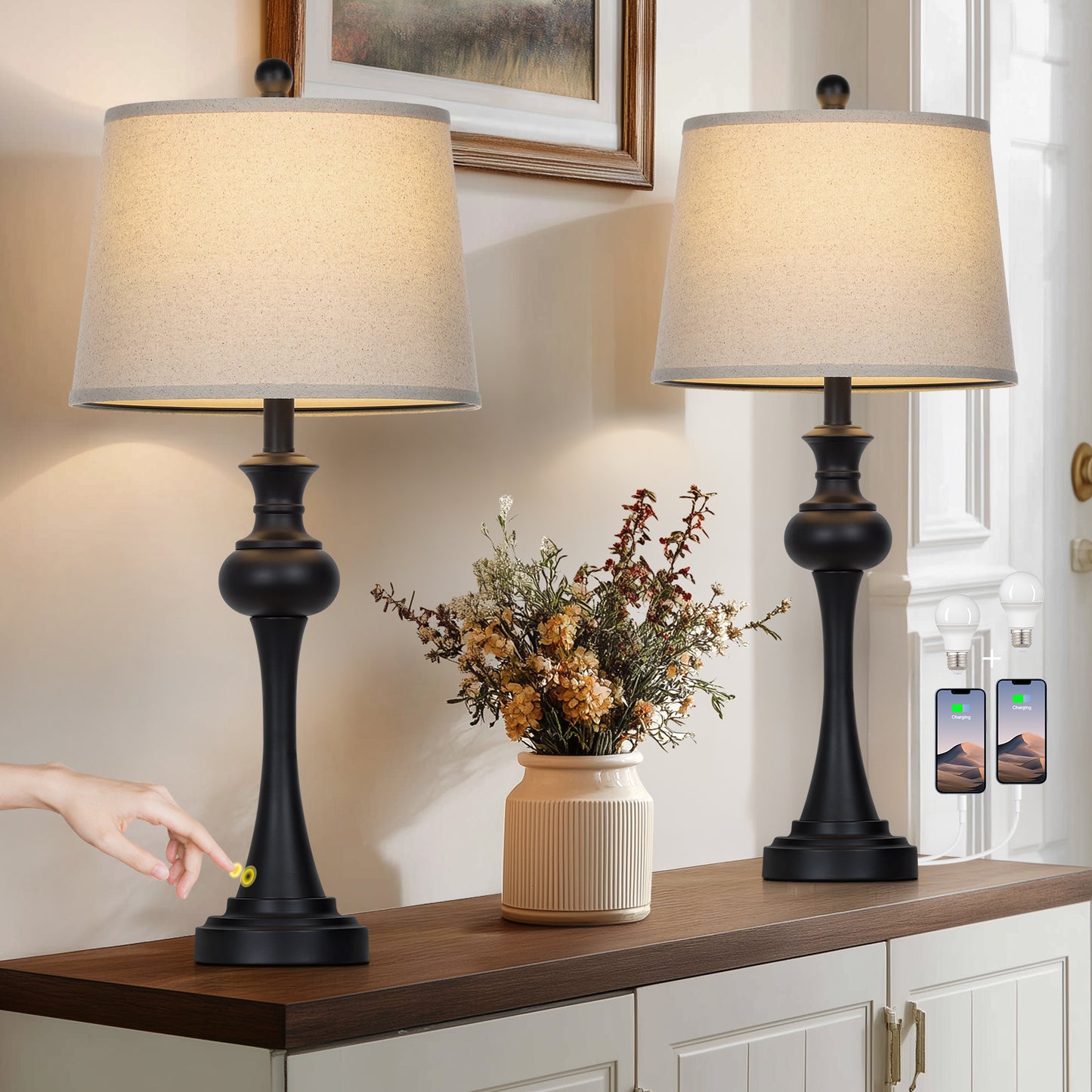 28.75" Modern Table Lamp Oatmeal Linen Shade, E26 Socket, USB-C, 3-Way Touch Switch, 120V 9W 3000K LED Dimmable Bulb(Set of 2)