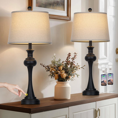 28.75" Modern Table Lamp Oatmeal Linen Shade, E26 Socket, USB-C, 3-Way Touch Switch, 120V 9W 3000K LED Dimmable Bulb(Set of 2)