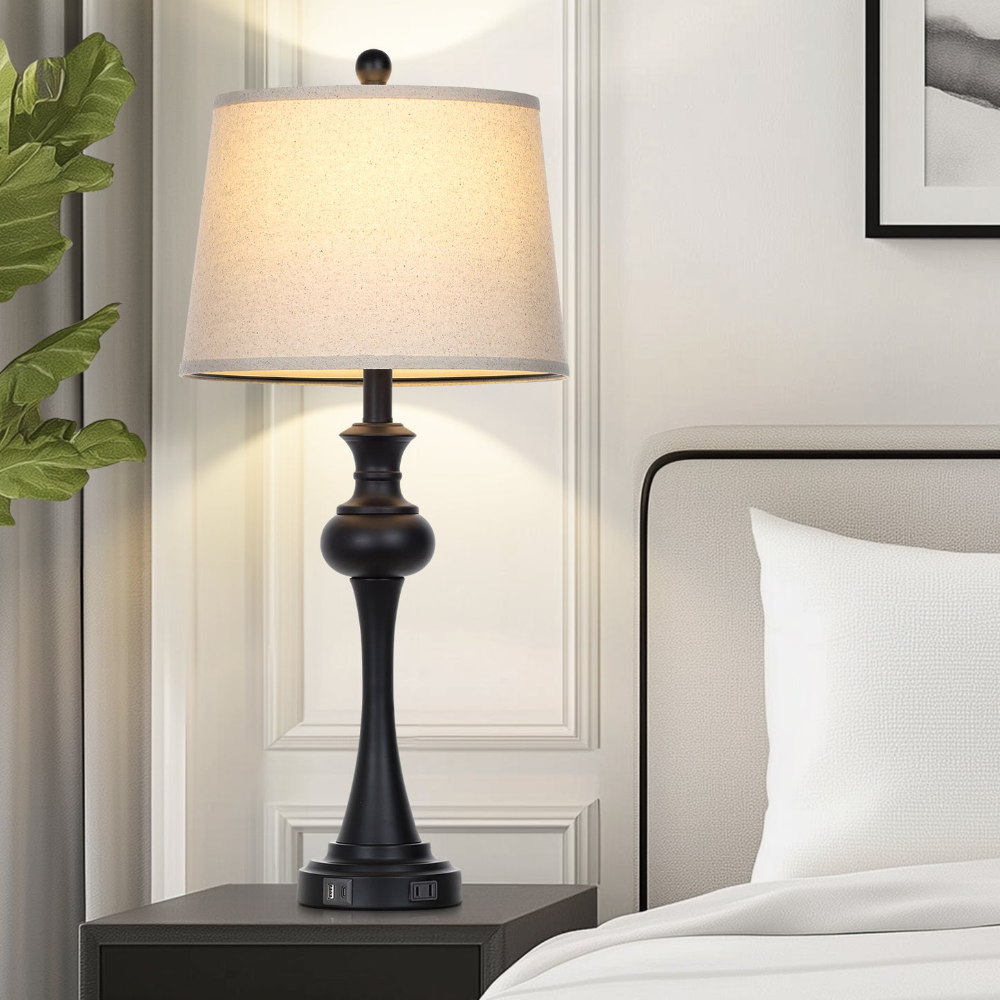 28.75" Modern Table Lamp Oatmeal Linen Shade, E26 Socket, USB-C, 3-Way Touch Switch, 120V 9W 3000K LED Dimmable Bulb(Set of 2)