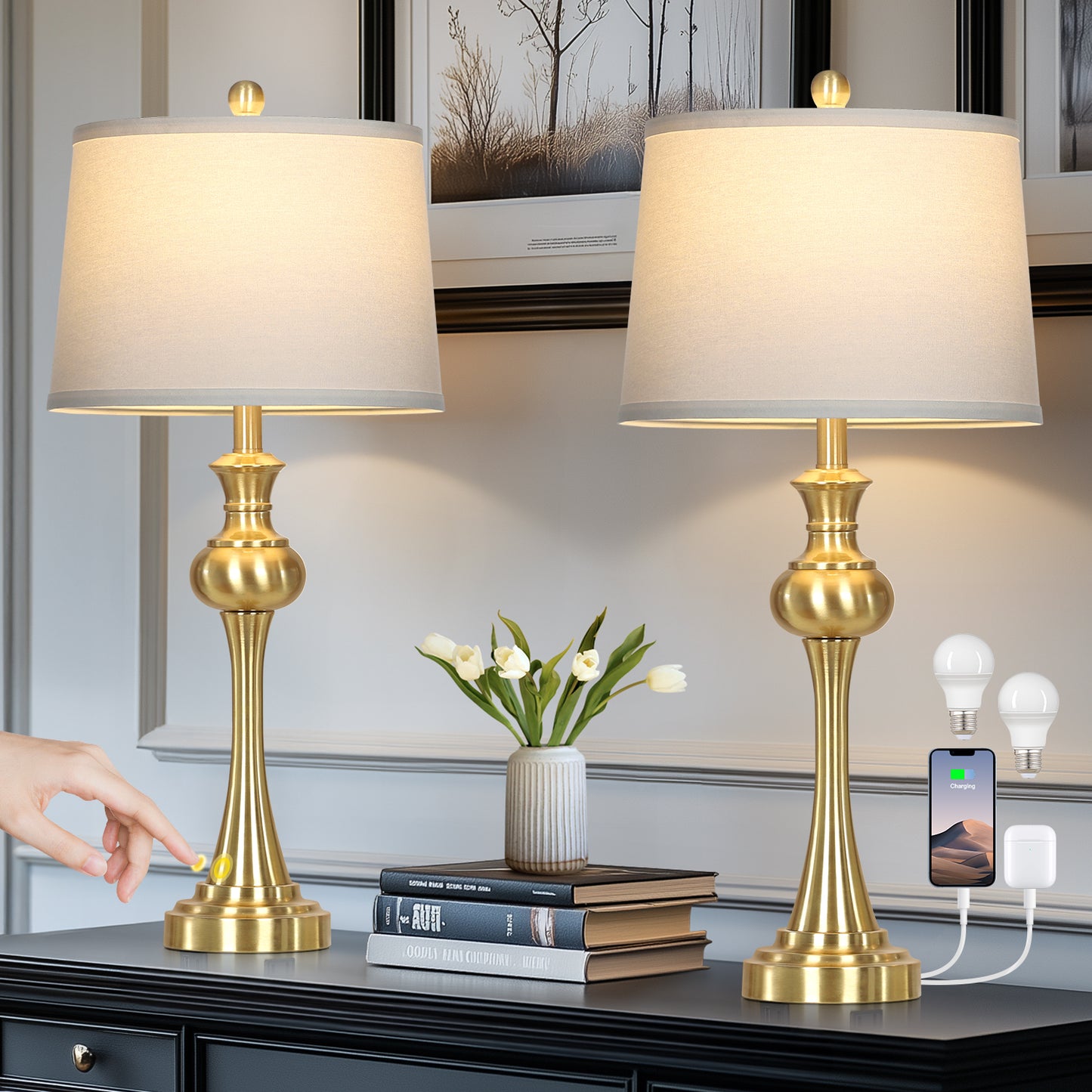 Modern Brass Table Lamps with USB-C & AC Outlets, 9W Dimmable LED(Set of 2)