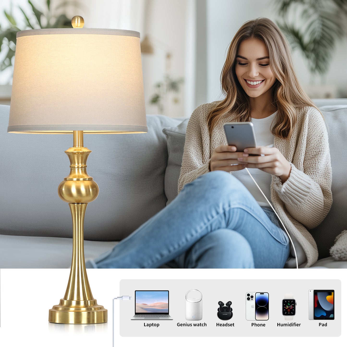 Modern Brass Table Lamps with USB-C & AC Outlets, 9W Dimmable LED(Set of 2)