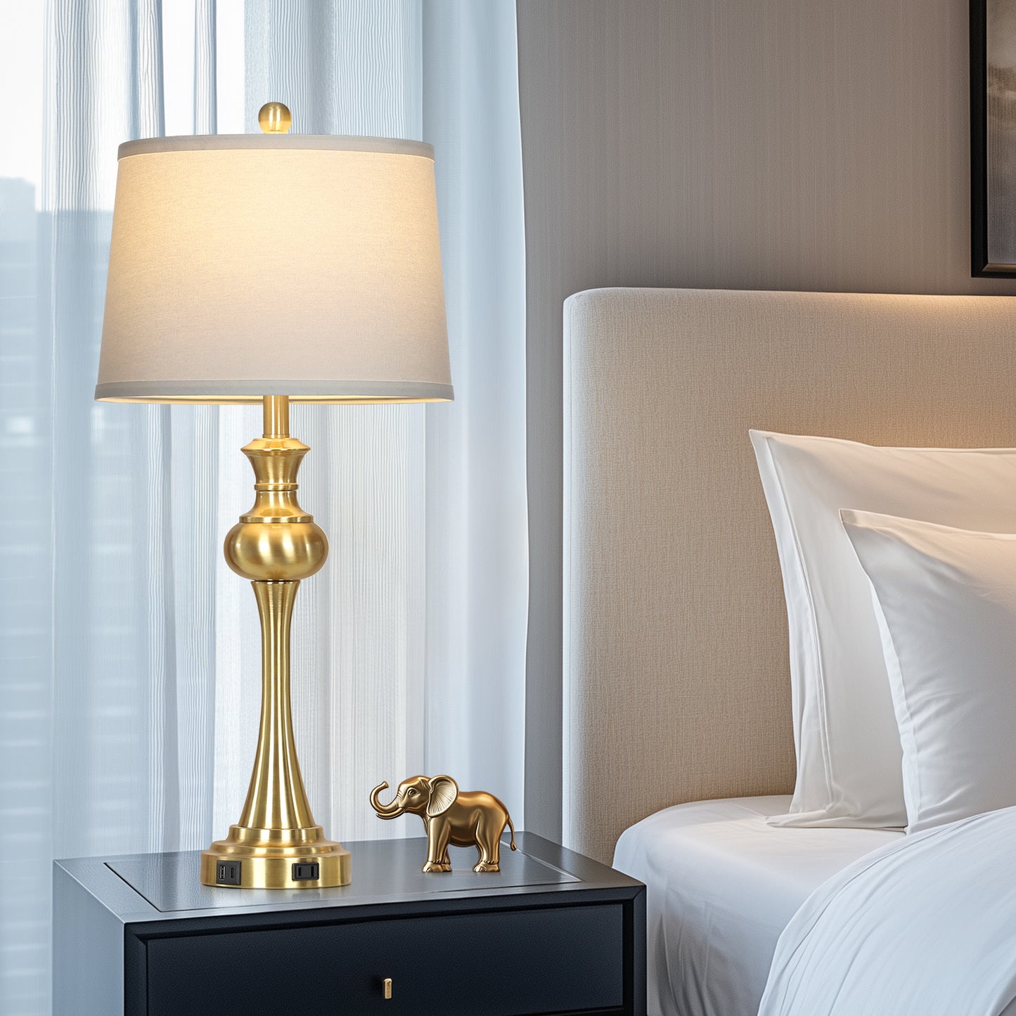 Modern Brass Table Lamps with USB-C & AC Outlets, 9W Dimmable LED(Set of 2)