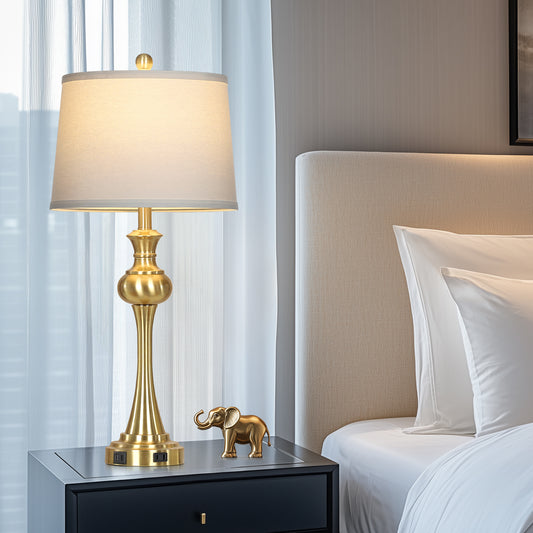 Modern Brass Table Lamps with USB-C & AC Outlets, 9W Dimmable LED(Set of 2)