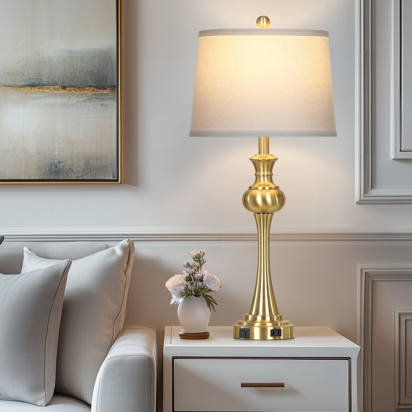 Modern Brass Table Lamps with USB-C & AC Outlets, 9W Dimmable LED(Set of 2)