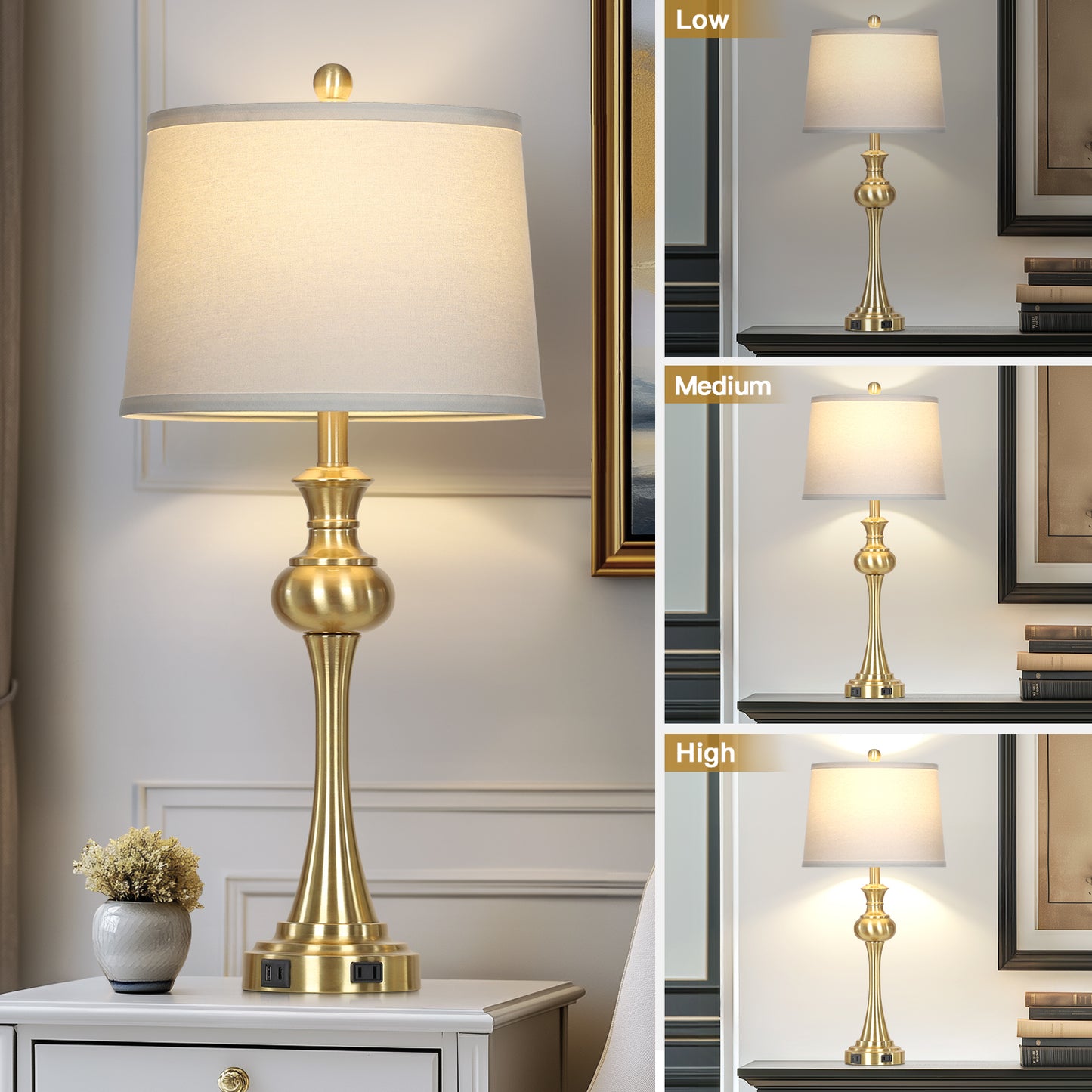 Modern Brass Table Lamps with USB-C & AC Outlets, 9W Dimmable LED(Set of 2)
