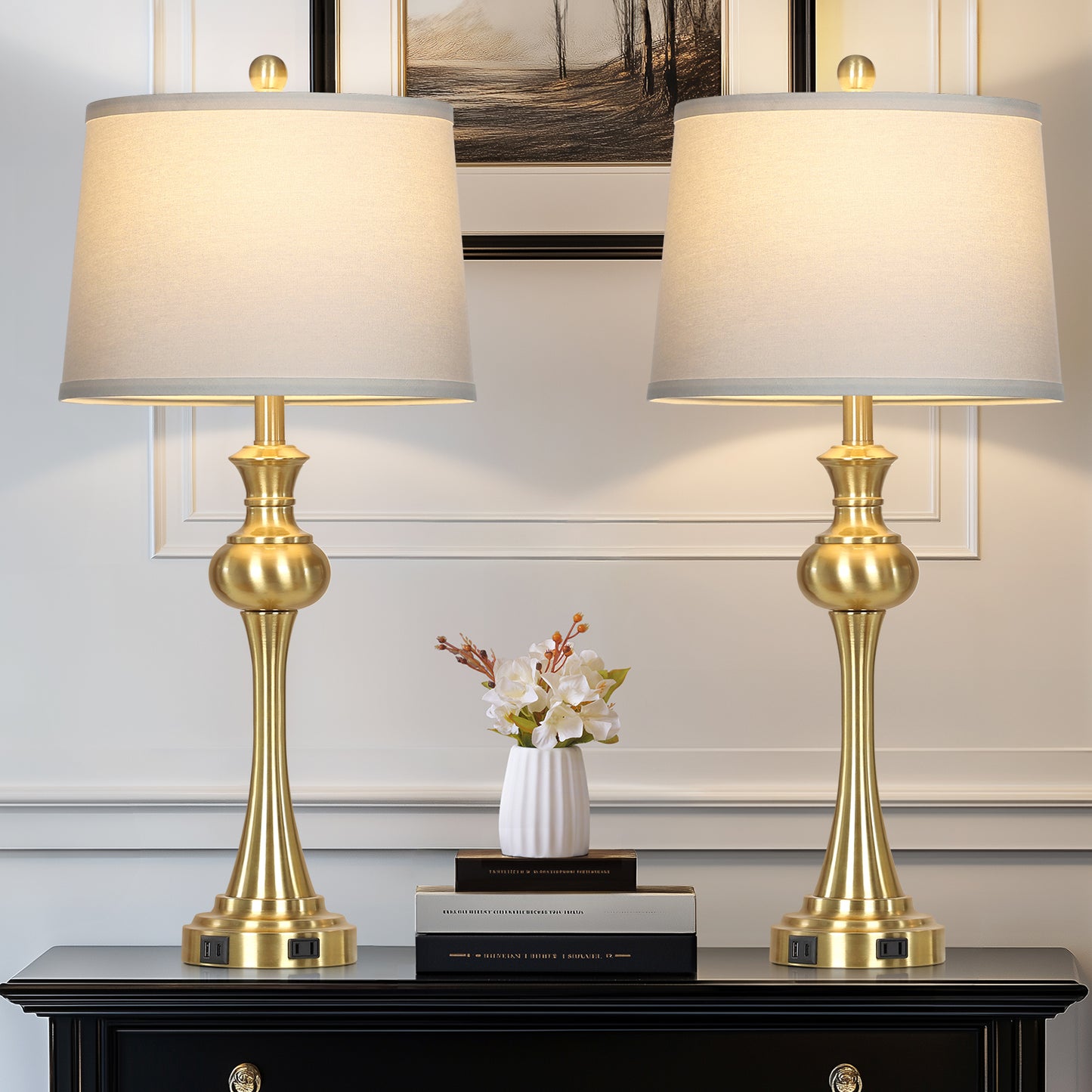 Modern Brass Table Lamps with USB-C & AC Outlets, 9W Dimmable LED(Set of 2)