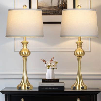Modern Brass Table Lamps with USB-C & AC Outlets, 9W Dimmable LED(Set of 2)